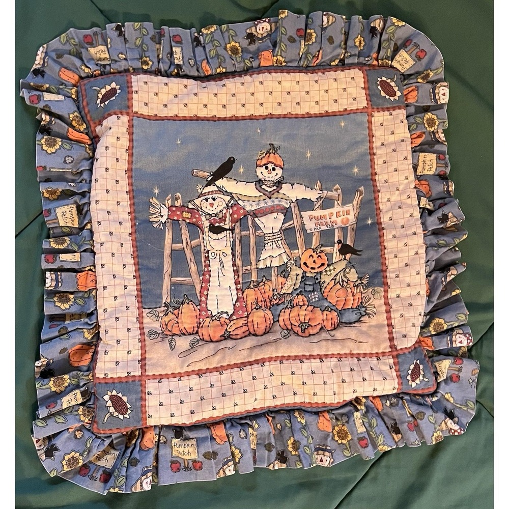 Vintage Scarecrow Pumpkin Patch Ruffled Pillow Sham Blue Autumn Fall Decor